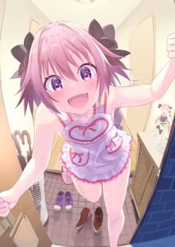 1boy :d alternate_costume apron astolfo_(fate) bare_arms bare_legs bare_shoulders black_bow blush bow braid bright_pupils brown_footwear closed_umbrella collarbone crying crying_with_eyes_open door doorway fang fate/apocrypha fate/grand_order fate_(series) figure fisheye frilled_apron frills hair_bow happy_tears heart highres indoors leg_up long_hair looking_at_viewer male_focus multicolored_hair naked_apron open_mouth p_answer pink_hair pink_slippers pov_doorway purple_eyes purple_footwear shelf shoes single_braid skin_fang slippers smile solo standing standing_on_one_leg streaked_hair tareme tears trap umbrella umbrella_stand very_long_hair white_apron white_hair