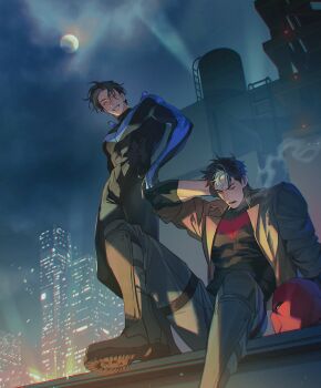 2boys abs absurdres bat_signal batman_(series) batman_symbol black_bodysuit black_gloves black_hair bodysuit brothers brown_jacket dc_comics dick_grayson escrima_sticks geru_(shigeru13_pm) gloves grey_bodysuit highres jacket jason_todd large_pectorals male_focus mask multicolored_bodysuit multiple_boys muscular muscular_male nightwing open_clothes open_mouth pants pectorals red_hood_(dc) red_hood_and_the_outlaws red_mask short_hair siblings smile superhero_costume taut_bodysuit two-tone_bodysuit