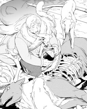 Rule 34 | 1boy, animal, animal ears, animal nose, antlers, arrow (projectile), artist name, axis powers hetalia, blood, blood on face, blood on ground, blood on hands, blush, bone, boots, borzoi, bow (weapon), cape, closed eyes, coat, commentary request, cutting, dead animal, deer, deer antlers, deer ears, deer tail, dog, dog ears, dog tail, fangs, food, fur-trimmed cape, fur trim, greyscale, highres, holding, holding food, holding knife, horns, knife, meat, monochrome, open mouth, pants, qia li, raw meat, russia (hetalia), scarf, seiza, short hair, sitting, smile, sweater, tail, teeth, turtleneck, turtleneck sweater, weapon