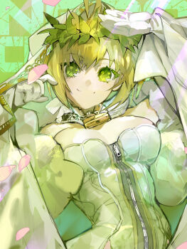 1girl blonde_hair breasts bridal_veil detached_sleeves fate/extra fate/grand_order fate_(series) flower_wreath full-length_zipper green_eyes hair_intakes head_wreath highres large_breasts leotard lock looking_at_viewer nero_claudius_(bride)_(fate) nero_claudius_(bride)_(second_ascension)_(fate) nero_claudius_(fate) padlock padlocked_collar petals puffy_detached_sleeves puffy_sleeves rose_petals smile solo suzuhi_(fullprayer) veil white_leotard white_sleeves zipper