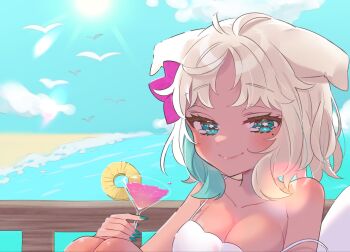 1girl animal_ear_fluff animal_ears aqua_eyes aqua_streaks artist_request blonde_hair blue_sky blush breasts cleavage closed_mouth cocktail cocktail_glass commentary_request cup day dog_ears dog_girl drinking_glass flower food fruit hair_flower hair_ornament highres holding holding_cup indie_virtual_youtuber looking_at_viewer medium_breasts mole mole_under_eye mona_meria multicolored_hair ocean outdoors parted_bangs pineapple pineapple_slice second-party_source short_hair simple_bird sky smile solo strap_slip streaked_hair sun virtual_youtuber