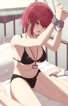 1girl absurdres arms_up bangom_r barefoot black_bra bound bound_ankles bound_wrists bra breasts chain chained_wrists commentary_request cuffs handcuffs heterochromia highres hololive houshou_marine lanyard large_breasts navel open_mouth panties pillow red_eyes red_hair shackled shackles short_hair sitting solo stomach thighs torn_bra torn_clothes torn_panties underwear underwear_only virtual_youtuber wariza yellow_eyes
