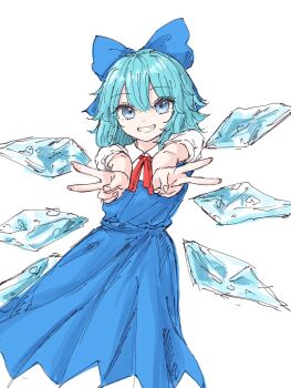 Rule 34 | 1girl, blue bow, blue dress, blue eyes, blue hair, bow, cirno, collared dress, commentary, cowboy shot, dress, grin, hair bow, highres, ice, ice wings, kashiwada kiiho, looking at viewer, medium hair, neck ribbon, red ribbon, ribbon, short sleeves, smile, solo, touhou, v, white background, wings