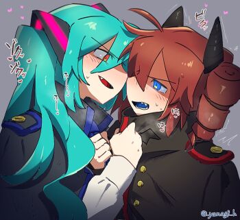 2girls ^^^ aqua_hair black_coat blue_eyes blue_necktie blue_tongue blush breath clothes_grab coat collar_grab colored_tongue commentary_request daidaidaidaidaikirai drill_hair eye_contact face-to-face fangs grey_background hair_ornament hatsune_miku heart high_collar horns kasane_teto long_sleeves looking_at_another multiple_girls necktie necktie_grab neckwear_grab open_mouth orange_eyes red_hair shirt sweat synthesizer_v twin_drills twintails twitter_username upper_body utau v-shaped_eyebrows vocaloid white_shirt yanagihae yuri