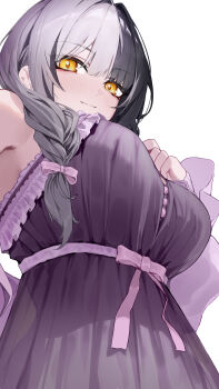 Rule 34 | 1girl, absurdres, black hair, bow, braid, breasts, closed mouth, commentary, empire waist, english commentary, frilled nightgown, from below, grey hair, hair bow, hair over shoulder, hand on own chest, hand up, highres, hololive, hololive english, large breasts, long hair, looking at viewer, low twin braids, multicolored hair, nightgown, official alternate costume, official alternate hairstyle, pink bow, purple nightgown, shiori novella, shiori novella (sleepwear), simple background, solo, split-color hair, twin braids, two-tone hair, virtual youtuber, white background, yellow eyes, yoellim5
