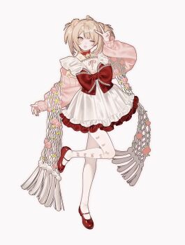 1girl ahoge animal_ears apron arm_up bell blonde_hair bow choker commentary commission dress dress_bow flower fold-over_collar frilled_apron frilled_dress frills full_body hair_ornament hairclip highres long_sleeves looking_at_viewer maid_apron medium_hair nanoka_san neck_bell neck_ribbon one_eye_closed open_mouth original pantyhose paw_print pink_flower pink_ribbon pink_shrug red_bow red_choker red_dress red_shoes ribbon shawl shirt shoes short_dress shrug_(clothing) simple_background solo standing standing_on_one_leg two_side_up v v_over_head white_apron white_background white_pantyhose white_shawl white_shirt yellow_eyes