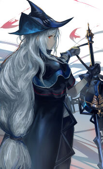 Rule 34 | 1girl, absurdres, arknights, black cape, black gloves, black pants, blue hat, cape, closed mouth, commentary request, etobane, from behind, gloves, grey hair, hat, highres, holding, holding sword, holding weapon, long hair, looking at viewer, looking back, low-tied long hair, pants, red eyes, skadi (arknights), solo, sword, tricorne, upper body, very long hair, weapon