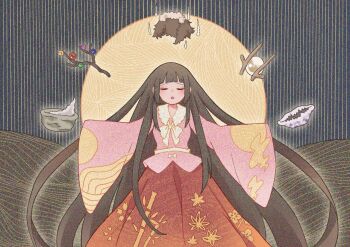 1girl bamboo_print bow bowtie branch brown_hair closed_eyes collared_shirt commentary facing_viewer five_impossible_requests houraisan_kaguya jeweled_branch_of_hourai leaf_print long_hair long_skirt long_sleeves moon_print open_mouth pink_shirt print_shirt print_skirt red_skirt shirt skirt so3 solo touhou very_long_hair white_bow white_bowtie wide_sleeves