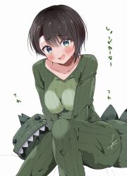 Rule 34 | 1girl, :d, absurdres, artist name, blush, bodysuit, breasts, breasts squeezed together, brown hair, collarbone, commentary, dinosaur costume, dinosaur head, dinosaur tail, embarrassed, feet out of frame, green bodysuit, green eyes, hair between eyes, hands on lap, highres, hololive, kuno (kc9s), long sleeves, looking at viewer, loose hair strand, medium breasts, messy hair, oozora subaru, open mouth, raised eyebrows, ribbed bodysuit, short hair, signature, simple background, sitting, smile, solo, tail, tomboy, translated, unworn headwear, v arms, virtual youtuber, white background
