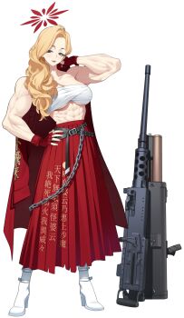 Rule 34 | 1girl, abs, absurdres, akemi (blue archive), arm up, bare shoulders, belt, blonde hair, blue archive, blush, breasts, browning m2, chain, cleavage, closed mouth, collarbone, delinquent, female focus, fingerless gloves, fingernails, full body, gloves, grey eyes, gun, halo, hand on own hip, heavy machine gun, high heels, highres, holding, holding jacket, holding unworn clothes, jacket, large breasts, long hair, looking at viewer, m202 flash, machine gun, mole, mole under eye, multishot rocket launcher, muscular, muscular female, official art, rocket launcher, solo, standing, sukeban, translation request, transparent background, unworn jacket, weapon