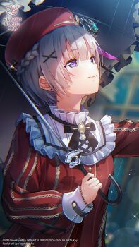 Rule 34 | 1girl, beret, black bow, black bowtie, black flower, black ribbon, black umbrella, blunt bangs, blurry, blurry background, blush, bow, bowtie, braid, branch, closed mouth, copyright logo, copyright notice, dress, earrings, eyelashes, eyes visible through hair, flower, frilled umbrella, frills, glint, grey hair, hair between eyes, hair flower, hair ornament, hair ribbon, half up braid, hands up, hat, heaven burns red, highres, holding, holding umbrella, jewelry, leaf, logo, lolita fashion, looking ahead, minase sumomo, minase sumomo (precious smile), nose, official alternate costume, official alternate hairstyle, official art, official wallpaper, outdoors, parasol, purple eyes, purple ribbon, rain, red dress, red hat, ribbon, rose, short hair, sleeves past wrists, smile, solo, striped clothes, striped dress, stud earrings, umbrella, upper body, vertical-striped clothes, vertical-striped dress, yellow flower, yellow rose