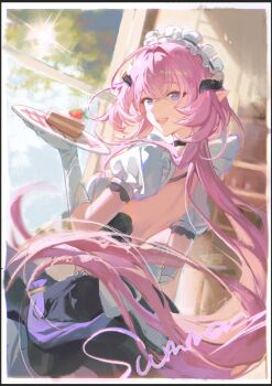 1girl back backless_dress backless_outfit black_dress blue_eyes border breasts cake cake_slice chinese_commentary commentary_request dress elf elysia_(honkai_impact) elysia_(miss_pink)_(honkai_impact) elysia_(miss_pink_elf)_(honkai_impact) fake_horns food holding holding_plate honkai_(series) honkai_impact_3rd horns indoors long_hair looking_at_viewer maid medium_breasts official_alternate_costume pink_hair plate pointy_ears puffy_short_sleeves puffy_sleeves short_sleeves smile solo very_long_hair white_border window xiaoran_mico