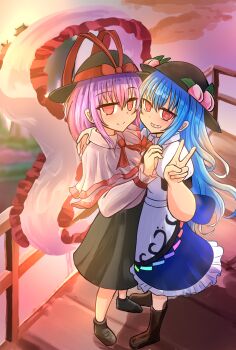 2girls bissya314 black_hat black_shoes black_skirt blue_hair blue_skirt boots bow brown_shoes capelet closed_mouth frilled_shawl frilled_skirt frills full_body hat hat_bow highres hinanawi_tenshi long_hair long_sleeves looking_at_viewer multiple_girls nagae_iku outdoors peach_hat_ornament purple_hair red_bow red_eyes shawl shirt shoes short_hair short_sleeves skirt smile standing touhou v variant_set white_capelet white_shirt