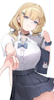 1girl absurdres bag bag_charm black_choker blonde_hair blue_bow blue_bowtie blue_eyes blue_ribbon blue_skirt bow bowtie breasts charm_(object) choker collared_shirt dress_shirt hair_ornament hair_ribbon hairclip highres holding holding_bag korean_commentary looking_at_viewer low_twintails medium_breasts medium_hair original parallel_hairclips pleated_skirt ribbon school_bag school_uniform scrunchie shirt shirt_tucked_in short_sleeves simple_background skirt soriham taut_clothes taut_shirt twintails v white_background white_shirt wrist_scrunchie