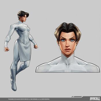 Rule 34 | 1girl, anissa (invincible), blue eyes, bodysuit, boots, breasts, clenched hands, commentary, english commentary, expressionless, full body, grey bodysuit, grey boots, invincible (series), medium breasts, multicolored bodysuit, multiple views, parted bangs, pelvic curtain, reference sheet, short hair, skin tight, toned, toned female, turtleneck, very short hair, viltrumite, white bodysuit