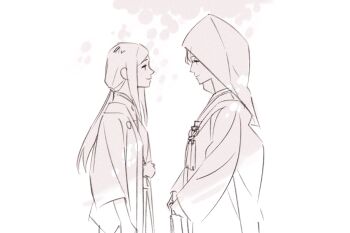 Rule 34 | 2girls, bride, closed eyes, commentary request, female focus, fujino shizuru, greyscale, guri gom, hakama, hakama skirt, haori, highres, hood, hood up, japanese clothes, kimono, korean commentary, kuga natsuki, long hair, looking at another, monochrome, multiple girls, my-hime, ponytail, skirt, smile, uchikake, wife and wife, yuri