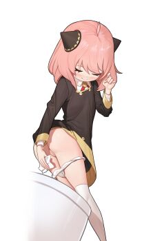 1girl ahoge anya_(spy_x_family) arm_up ass black_dress blue_borscht blush cleft_of_venus closed_eyes clothes_lift dress dress_lift female_focus hair_ornament has_bad_revision has_censored_revision highres loli panties panty_pull pink_hair pussy short_dress short_hair simple_background smile solo spy_x_family thighhighs thighs tissue toilet toilet_use uncensored underwear white_background white_panties white_thighhighs wiping wiping_pussy