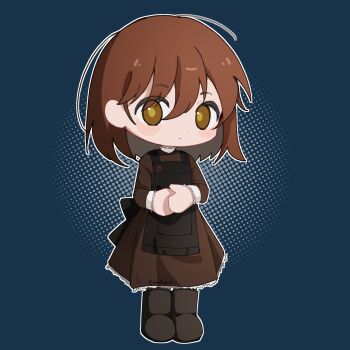 1girl apron asya_shubina black_apron blue_background boots brown_boots brown_dress brown_eyes brown_hair chibi chibi_only dress expressionless hashtag-only_commentary highres looking_at_viewer medium_hair outline own_hands_together pseudoc01or solo white_outline yellow_pupils z.a.t.o._//_i_love_the_world_and_everything_in_it