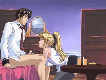 00s 1boy 1girl 2001 animated animated_gif assertive_female bed bedroom bible_black bible_black_night_of_the_walpulgiss blonde_hair bottomless breasts brown_hair drink green_eyes handjob hetero highres kneeling large_breasts legs long_hair looking_at_another minase_taki mirror naughty_face necktie penis penis_grab ponytail purple_eyes saeki_kaori school_uniform short_hair skirt sleeveless smile tagme thighhighs thighs
