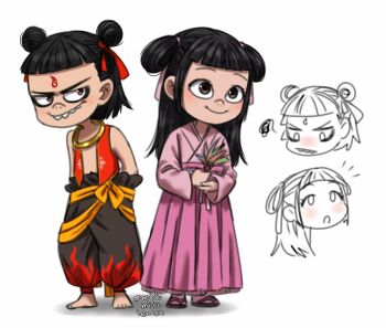 Rule 34 | 1boy, 1girl, ariamikukanzaki, barefoot, black hair, brown eyes, chinese clothes, commentary, double bun, english commentary, facial mark, forehead mark, hair bun, hanfu, holding, holding plant, jianzi girl (nezha zhi motong jiangshi), nezha (nezha zhi motong jiangshi), nezha zhi motong jiangshi, pink hanfu, plant, red vest, sandals, sharp teeth, smile, squiggle, teeth, twitter username, two side up, vest