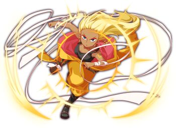 1girl achilles_(crash_fever) anime_coloring ankle_boots artist_request bag bandaged_arm bandaged_hand bandages bare_shoulders black_bag black_boots black_tank_top blonde_hair boots breasts clenched_hands crash_fever dark-skinned_female dark_skin earrings eyelashes floating_hair forehead full_body game_cg gold_earrings gold_necklace hoop_earrings horseshoe horseshoe_necklace jewelry jumpsuit jumpsuit_partially_removed leather leather_boots long_hair looking_at_viewer medium_breasts multicolored_hair necklace number_tattoo numbered official_art orange_sleeves outline parted_lips red_outline running running_towards_viewer serious shoulder_bag shoulder_tattoo simple_background solo square square_tattoo straight_hair streaked_hair tachi-e tank_top tattoo teeth third-party_source transparent_background two-sided_jumpsuit two-tone_hair v-shaped_eyebrows yellow_jumpsuit yellow_theme