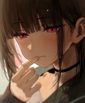 1girl absurdres black_choker black_hair blue_archive blush choker colored_inner_hair finger_to_mouth hand_up hidulume highres kazusa_(blue_archive) multicolored_hair pink_hair portrait red_eyes short_hair solo two-tone_hair water_drop