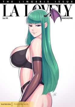 Rule 34 | 1girl, absurdres, artist name, bat wings, black bra, bra, breasts, capcom, cover, demon girl, freeglass, from side, gloves, green eyes, green hair, highres, large breasts, legs, long hair, looking at viewer, magazine cover, morrigan aensland, panties, pink lips, seductive smile, sideboob, smile, solo, thick thighs, thighs, underwear, darkstalkers, wings
