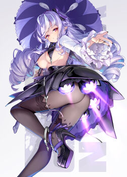 1girl black_panties black_pantyhose black_shoes breasts closed_mouth commentary drill_hair english_text highres holding holding_umbrella hong_(white_spider) long_hair long_sleeves looking_at_viewer looking_back medium_breasts mole mole_under_eye narrowed_eyes panties panties_under_pantyhose pantyhose pantyshot patreon_username pointy_ears purple_hair red_eyes sexually_suggestive shoes solo thrusters topless_female umbrella underwear upskirt variant_set vivian_banshee zenless_zone_zero