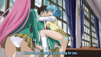 1boy 2girls akashiya_moka anime_screenshot aono_tsukune ass blue_hair breasts brown_hair chair curtains demon_girl embarrassed from_behind fukuen_misato girl_on_top green_panties hug kurono_kurumu large_breasts mizuki_nana multiple_girls non-web_source panties pink_hair rosario+vampire school_uniform subtitled table underwear white_panties window
