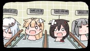 4girls =_= ahoge bandages bathing bathroom black_hair black_ribbon blonde_hair braid clock commentary_request exhausted closed_eyes flat_cap grey_hair hair_flaps hair_over_shoulder hair_ribbon hammer_and_sickle hat hibiki_(kancolle) kantai_collection kasumi_(kancolle) long_hair multiple_girls o_o poipoi_purin remodel_(kantai_collection) ribbon shigure_(kancolle) side_ponytail single_braid timer twitter_username upper_body verniy_(kancolle) water white_headwear yuudachi_(kancolle)