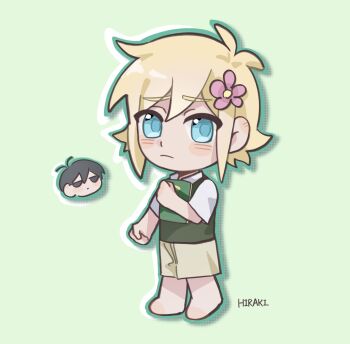 2boys antenna_hair aoihiraki basil_(faraway)_(omori) basil_(omori) black_eyes black_hair blonde_hair blue_eyes blush book brown_shorts chibi chibi_only closed_mouth collared_shirt commentary double-parted_bangs english_commentary flower full_body green_background green_outline green_sweater_vest hair_between_eyes hair_flower hair_ornament highres holding holding_book looking_at_viewer male_focus multiple_boys omori outline shirt short_hair short_sleeves shorts sidelocks simple_background socks sunny_(omori) sweater_vest white_shirt white_socks