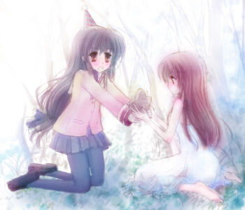 Rule 34 | 00s, barefoot, black hair, brown eyes, brown hair, clannad, dress, feet, forest, girl from the illusionary world, hachikei, hat, ibuki fuuko, kneeling, long hair, nature, pantyhose, party hat, starfish, toes