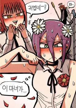 1boy 2girls absurdres angel_devil_(chainsaw_man) angel_wings black_choker black_jacket black_necktie black_ribbon blush chainsaw_man choker collared_shirt flower green_eyes grenade_pin hair_flower hair_ornament hansoom_(latebirdwakeup) highres jacket looking_at_viewer makima_(chainsaw_man) mouse_(animal) multiple_girls neck_ribbon necktie purple_hair red_flower red_hair reze_(chainsaw_man) ribbon ringed_eyes shirt sleeveless sleeveless_shirt speech_bubble sweat thought_bubble translation_request white_flower white_shirt white_wings wings yellow_eyes