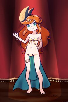 1girl anklet arm_behind_back armlet barefoot bikini black_bow bow bracelet collarbone curtains dancer drantyno flat_chest gold_bikini granblue_fantasy green_eyes hair_bow hair_ornament harem_outfit highres jewelry loli long_hair looking_at_viewer navel orange_hair pelvic_curtain sara_(granblue_fantasy) smile spotlight stage standing swimsuit thighlet waving