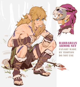 1boy arm_warmers artist_name blonde_hair blood blue_eyes commentary earrings english_commentary english_text food food_in_mouth full_body grass holding holding_food injury jewelry lance leg_warmers link long_hair male_focus meat nintendo official_alternate_costume pointy_ears polearm pyonteo red_hair rock sidelocks simple_background sitting skull_on_head squatting tattoo the_legend_of_zelda the_legend_of_zelda:_breath_of_the_wild the_legend_of_zelda:_tears_of_the_kingdom upper_body weapon