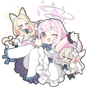 3girls :d ;d animal_ear_fluff animal_ears arm_up black_pantyhose blonde_hair blue_archive blue_flower blue_shoes blush_stickers braid brown_eyes brown_hair chibi crown_braid detached_sleeves dress flower forehead fox_ears frilled_dress frills hair_bun hair_flower hair_ornament halo hand_up long_hair long_sleeves mika_(blue_archive) miranofuudoria multiple_girls nagisa_(blue_archive) one_eye_closed open_mouth outstretched_arm pantyhose parted_bangs pink_eyes pink_hair puffy_long_sleeves puffy_sleeves seia_(blue_archive) shoes simple_background single_side_bun sleeves_past_fingers sleeves_past_wrists smile very_long_hair white_background white_dress white_flower white_pantyhose white_shoes white_sleeves white_wings wings