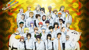 6+boys 6+girls abuto alien animal antennae bald beard beret black_hair black_pants blonde_hair braid braided_ponytail brown_hair bun_cover camera closed_eyes collared_shirt colored_skin commentary_request cross_scar dark-skinned_male dark_skin dog doromizu_jirochou everyone eyepatch facial_hair facial_mark fake_facial_hair fake_mustache gintama glasses golgo_13 gorilla hair_over_eyes hair_slicked_back hasegawa_taizou hat hattori_zenzou highres hijikata_toushirou holding holding_camera hyourihen justaway kagura_(gintama) kamui_(gintama) katsura_kotarou kijima_matako kondou_isao long_hair long_sleeves looking_at_viewer matsudaira_katakuriko medium_hair multiple_boys multiple_girls musashi_(gintama) mustache mutsu_(gintama) navel obi_hajime official_style okita_sougo open_clothes open_shirt orange_hair oversized_animal pants prince_hata purple_hair purple_skin red-framed_eyewear red_lips sadaharu sakamoto_tatsuma sakata_kintoki_(gintama) sarutobi_ayame sasaki_isaburou scar scar_across_eye scar_on_face shachi_(gintama) shimura_shinpachi shirt short_hair sleeveless sorachi_hideaki_(character) stitched_face stitches sunglasses takasugi_shinsuke thick_eyebrows tojou_ayumu tokugawa_shigeshige torn_clothes torn_shirt torn_sleeves translation_request tsukuyo_(gintama) umibouzu_(gintama) white_shirt wig yagyuu_kyuubei yamazaki_sagaru