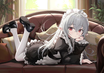 1girl absurdres black_shoes commentary_request elf hand_on_own_chin highres maid mary_janes open_mouth original pantyhose pointy_ears red_eyes shoes white_hair white_pantyhose ye_yemail