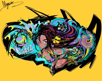 Rule 34 | absurdres, artist request, breasts, brown hair, character name, commentary, dark-skinned female, dark skin, english commentary, highres, long hair, looking at viewer, looking up, miary zo, red eyes, running, second-party source, tekken, tekken 8, yellow background, yellow nails