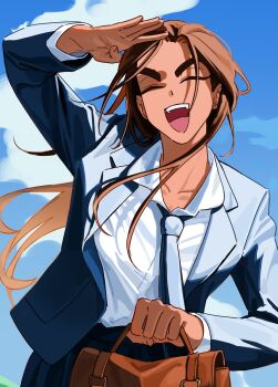1girl absurdres alien_stage bag black_necktie blazer blue_skirt blue_sky brown_bag brown_hair cloud collared_shirt commentary dark-skinned_female dark_skin english_commentary highres holding holding_bag hyuna_(alien_stage) jacket kuradrawings long_hair necktie open_mouth shirt skirt sky smile solo teeth thick_eyebrows upper_teeth_only white_shirt