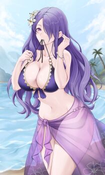 1girl beach bikini bracelet breasts camilla_(fire_emblem) camilla_(tropical_beauty)_(fire_emblem) cleavage cleft_of_venus cloud collarbone fire_emblem fire_emblem_fates fire_emblem_heroes floral_print flower foxie30 hair_flower hair_ornament hair_over_one_eye jewelry large_breasts long_hair looking_at_viewer navel nintendo o-ring o-ring_bikini ocean official_alternate_costume one_eye_covered open_clothes outdoors palm_tree print_sarong purple_bikini purple_eyes purple_hair purple_sarong purple_theme sand sarong see-through_clothes sky solo standing swimsuit tree untied_bikini untied_bikini_top water wavy_hair white_flower