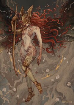 1girl artist_name branch breasts bug butterfly commentary covered_eyes elden_ring english_commentary floating_hair flower helmet highres holding holding_sword holding_weapon insect long_hair malenia_blade_of_miquella malenia_goddess_of_rot midair navel nude prosthesis prosthetic_arm prosthetic_leg red_hair ringlet_pyon scar small_breasts solo sparkle sword tree visor_(armor) wavy_hair weapon white_flower winged_helmet