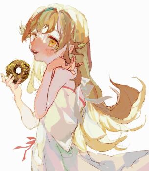 1girl bakemonogatari blonde_hair commentary_request cowboy_shot donut dress flipped_hair food hand_on_own_shoulder holding holding_donut holding_food long_hair looking_at_viewer monogatari_(series) open_mouth oshino_shinobu shinjitsu_no_kuchi simple_background smile solo strapless strapless_dress white_background white_dress yellow_eyes