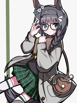 1girl animal_ears bag black-framed_eyewear black_choker black_hair black_shirt blue_eyes blush book braid braided_ponytail choker closed_mouth coat commentary_request crown_braid dot_mouth ear_ornament ear_scrunchie glasses green_skirt grey_coat highres holding holding_book horse_ears horse_girl horse_tail kikkasoon long_hair long_sleeves looking_at_viewer neckerchief shirt shoulder_bag skirt solo tail thighhighs umamusume white_thighhighs yellow_neckerchief zenno_rob_roy_(umamusume)