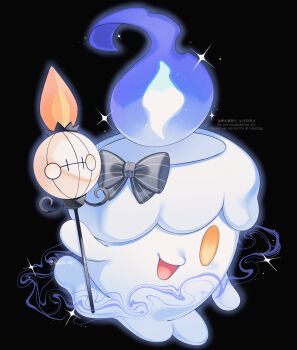 Rule 34 | blue fire, candle, chandelure, fire, full body, gen 5 pokemon, highres, holding, holding staff, iwasi 29, litwick, litwick (halloween), looking at viewer, nintendo, no humans, open mouth, orange eyes, pokemon, pokemon (creature), pokemon cafe remix, pokemon focus, purple fire, smile, staff