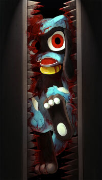 black_background bleeding blood blood_on_body blood_on_face blood_on_neck blood_splatter crushed crushing deep_wound facing_viewer gen_4_pokemon guro highres impaled injury looking_to_the_side machinery nintendo open_mouth pokemon pokemon_(creature) pokemon_focus red_eyes riolu ryona sanpomodoro screaming spikes struggling
