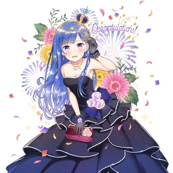 1girl armpits bare_shoulders black_gloves blue_crown blue_dress blue_hair breasts cleavage commentary_request congratulations crown dress fireworks flower gloves long_hair mini_crown purple_eyes riona_(uchihime) rose uchi_no_hime-sama_ga_ichiban_kawaii wogura