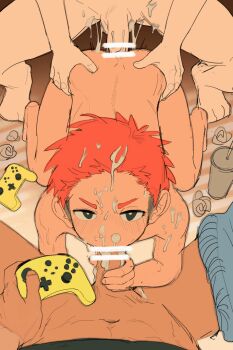 3boys abs anal animated animated_gif bar_censor barefoot black_eyes censored completely_nude controller cum cum_on_arms cum_on_ass cum_on_body cum_on_hair cum_on_upper_body facial fellatio frown game_controller group_sex male_focus male_penetrated mcdonald&#039;s multiple_boys nude on_bed oral pov red_hair sex shota spitroast tan threesome tissue yaoi yracyrac