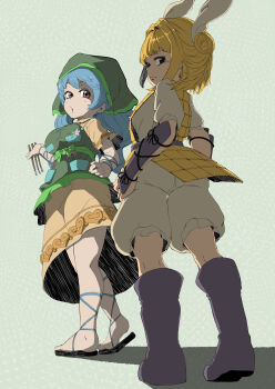 2girls absurdres apron black_eyes black_sandals blonde_hair blue_hair blush boots breasts closed_mouth commentary_request double_bun dress expressionless full_body green_apron green_background green_headscarf grey_boots grey_romper hair_bun hair_ribbon haniyasushin_keiki headscarf highres joutouguu_mayumi long_hair looking_at_viewer looking_back medium_breasts multiple_girls pink_eyes ribbon romper sandals shika_miso short_hair standing tools touhou vambraces white_ribbon yellow_dress