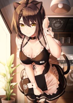 1girl absurdres ahoge animal_ears apron azur_lane baltimore_(azur_lane) bar_(place) black_dress black_thighhighs breasts brown_hair cat_ears cat_girl cat_tail ceiling_light character_name cleavage closed_eyes closed_mouth clothing_cutout commentary_request copyright_name cowboy_shot dress frilled_apron frills garter_straps hair_between_eyes highres huge_filesize indoors kemonomimi_mode large_breasts leaning_forward looking_at_viewer menu name_tag navel navel_cutout plant potted_plant puffy_short_sleeves puffy_sleeves short_hair short_sleeves smile solo sora_(men0105) stomach tail thighhighs waist_apron waitress white_apron wrist_cuffs yellow_eyes